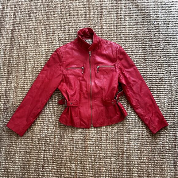 Vintage Cherry Red Leather Moto Jacket - Colebrook & Co - Size Small (Early 90s) - Picture 1 of 9